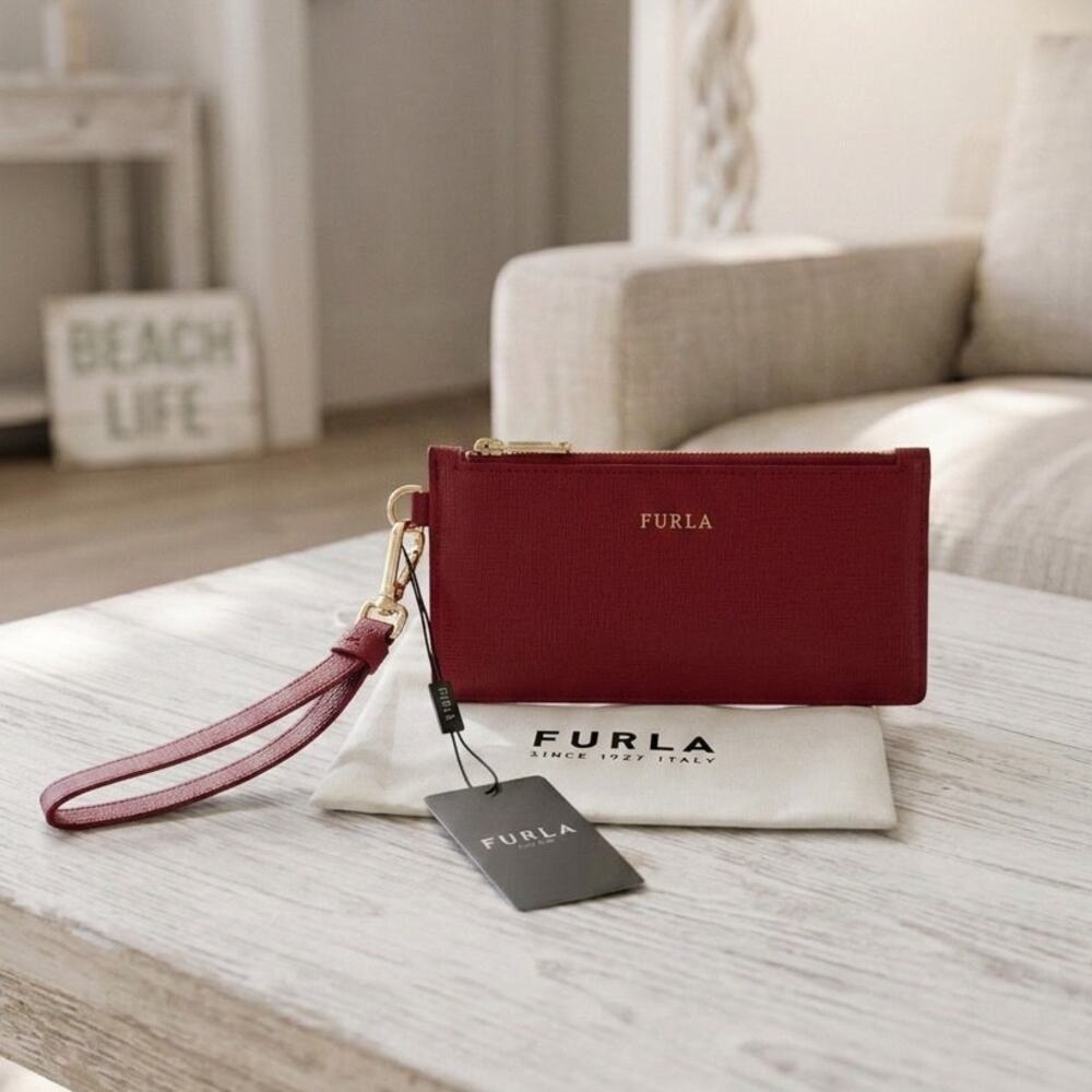 NWT Furla Italia Cabernet Saffiano Leather Zip Wristlet Wallet Clutch Dust Bag